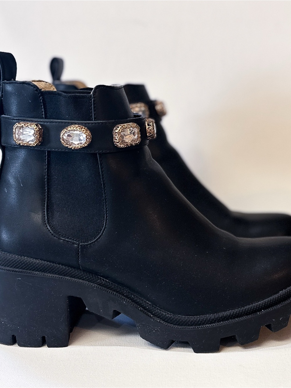 Steve Madden Black Jeweled Chelsea Lug Boots - Women's
